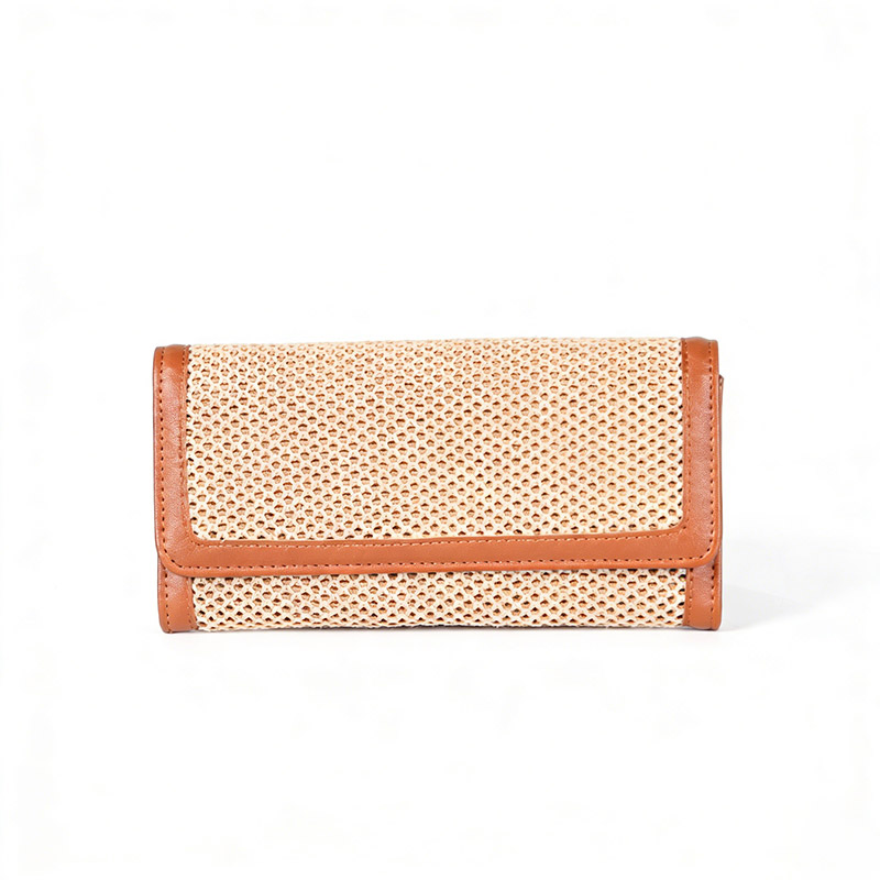 Long Bifold Wallet，Straw Wallet with PU Leather for Women,