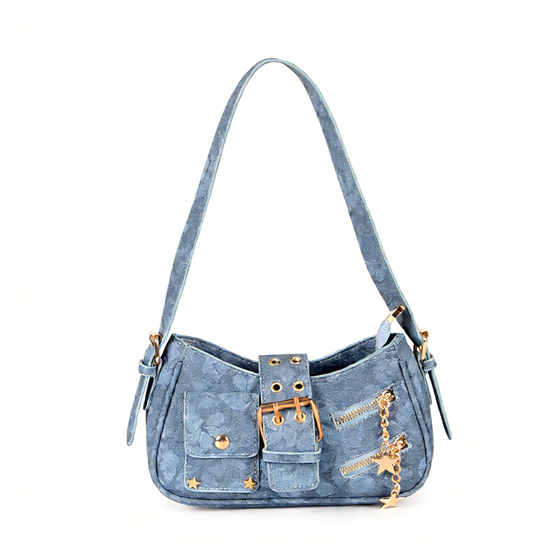 Blue Denim Star Chain Hobo Bag for Women Faux Leatherhoulder Bag with Buckle